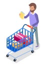 Man with shopping cart on wheels with colorful boxes flat style illustration isolated on white