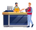 Man shopping in hardware shop. Salesman at counter with computer selling drill to happy guy vector illustration. Scene Royalty Free Stock Photo