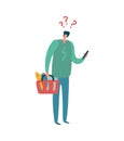 Man shopping. Male character with question mark above head hold colorful basket, buyer with list buys products in