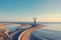 A man on the shore of the bay with a bicycle raised above his he