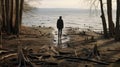 A man on the shore of a lake or the sea looks longingly into the distance