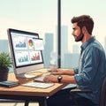 A man with short brown hair and a beard is working at a modern desk in an office setting, concentrat Royalty Free Stock Photo