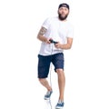 Man in shorts and cap with gamepad in hand
