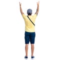 Man in shorts and cap standing looking hands up showing pointing
