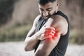 Man, shoulder pain and fitness, injury and red overlay, hurt and medical emergency with muscle inflammation. Male