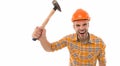 Man shouting. Man builder hard hat. Threaten with hammer. Angry aggressive guy. Improvement and renovation. Man builder