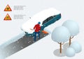 Man with shovel cleaning snow filled backyard outside his car. City after blizzard. Car covered with snow. Isometric