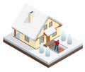 Man with shovel cleaning snow filled backyard outside his house. City after blizzard. House covered with snow. Isometric