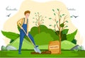 Man with shovel digging hole in garden. Gardener buries seedling in ground, applies fertilizer