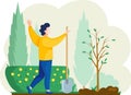 Man with shovel digging hole illustration. Gardener buries seedling in ground for planting trees