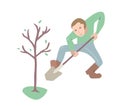 Man with shovel planting young tree. Person isolated in white background, flat cartoon style