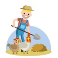 Man with shovel in village. Haystack and rustic animals chicken and cock.