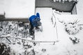 Man shovelling and clear the snow, winter work on premises with snow pusher