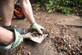 Man shovelling garden waste leaves with a shovel