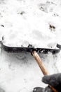 Man shovelling snow with a snow pusher or shovel, clear the snow