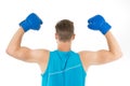 Man show muscular power flexing arms. Boxing workout in health club. Health care. Workout of the day. Regular exercise