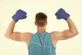 Man show muscular power flexing arms. Boxing workout in health club. Health care. Workout of the day. Regular exercise