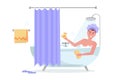 Man in shower cap in the shower. Happy funny guy taking bath in bubble bathtub, relaxing with yellow duck and washcloth. Bathtub