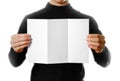Man showing blank white flyer brochure booklet. Leaflet presentation. Pamphlet hold hands. Man show clear offset paper Royalty Free Stock Photo