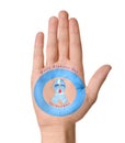 Man showing blue circle, awareness ribbon with paper blood drop as World Diabetes Day symbol on palm against white background,