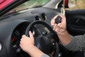 Man showing car key from new automobile Royalty Free Stock Photo