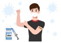 Man showing coronavirus immunization vaccination arm, vaccine distribution for the general population. Flat style cartoon