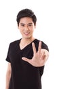 Man showing 3 fingers hand sign gesture with thumb