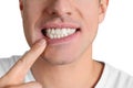 Man showing healthy gums on white background, closeup Royalty Free Stock Photo