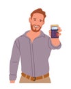 Man showing, holding a calculator in the hands.