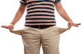 Man showing inside of pockets as moneyless concept close-up Royalty Free Stock Photo