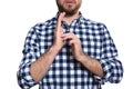 Man showing JESUS in sign language on white, closeup Royalty Free Stock Photo