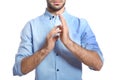 Man showing JESUS in sign language on white, closeup