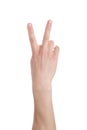 Man showing number two on white background, closeup. male hand shows a Royalty Free Stock Photo