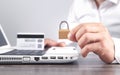 Man showing padlock. Credit card, internet, computer security