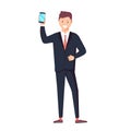 Man is showing the phone. People and gadgets. Vector illustration in cartoon style. Royalty Free Stock Photo