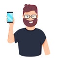 Man is showing the phone. People and gadgets. Vector illustration in cartoon style. Royalty Free Stock Photo