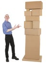 Man showing on pile cardboard boxes