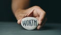 Man showing a stone with the text worth