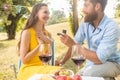 Man showing to beautiful girlfriend an engagement ring during romantic picnic Royalty Free Stock Photo