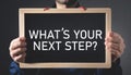 Man showing What`s Your Next Step? on small blackboard Royalty Free Stock Photo