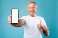 Man showing white empty smartphone screen and thumbs up Royalty Free Stock Photo