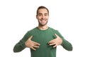 Man showing word EXCITED in sign language on white Royalty Free Stock Photo