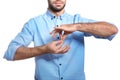 Man showing word INTERPRETER in sign language on white background Royalty Free Stock Photo