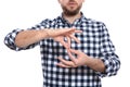 Man showing word INTERPRETER in sign language on white background Royalty Free Stock Photo