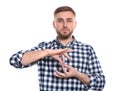 Man showing word INTERPRETER in sign language on white Royalty Free Stock Photo