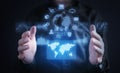 Man showing a world map, graphs. Digital Technology. Finance Royalty Free Stock Photo