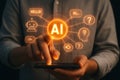 Man interacting with ai interface on smartphone showcasing artificial intelligence technology use case Royalty Free Stock Photo