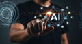 AI Technology concept man pressing on virtual display with futuristic interface and icons symbolizing artificial intelligence Royalty Free Stock Photo