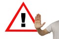 Man shows an exclamation point with his hand in a gesture of STOP, concept of danger, warning, horizontal, close-up, copy space