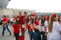 SAINT-PETERSBURG, RUSSIA - JUNE 15, 2018: A group of Moroccan football fans are discussing the upcoming match on FIFA World Cup 20